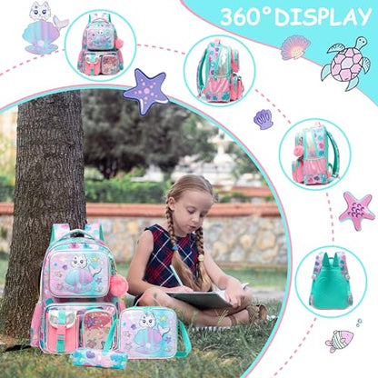 Meetbelify Cute Cat Backpacks for Girls School Backpacks for Elementary Students Ages 8-10 Kids Aesthetic Travel Backpack Large Capacity Laptop Bookbag with Lunch Box 3 in 1 Backpack Set for Girls - color: 04 Girl