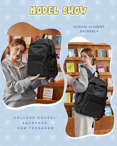 Black Lightweight Backpack for College & High School Backpack With Lots of Pockets Cute School Bag for Girls Boys, Large Capacity Bookbag for Women Men, Waterproof Teens Casual Daypack Backpack - color: Black