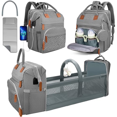 Diaper Bag Backpack for New Parents, Large Capacity Baby Travel Bag with Bottle Holders, Multiple Compartments (Grey) - color: Grey