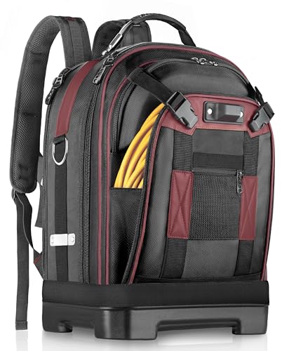 Heavy Duty Tool Backpack, 18-Inch Hard Shell Electrician Tool Bag, Full-Open Work Bag with Molded Base, Removable Tool Organizer, Laptop Compartment, HVAC Construction Backpack for Men, Brown - color: Redbrown