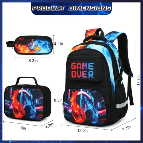 Scothen 3PCS Boys Backpack Set, Cool Backpack for Boys with Lunch Bag & Pencil Case, Kids School Bag Teen Boy Bookbag for Kindergarten Elementary Middle School with USB Charging Port - color: Red & Blue Headphones