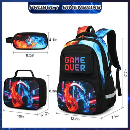 Scothen 3PCS Boys Backpack Set, Cool Backpack for Boys with Lunch Bag & Pencil Case, Kids School Bag Teen Boy Bookbag for Kindergarten Elementary Middle School with USB Charging Port - color: Red & Blue Headphones