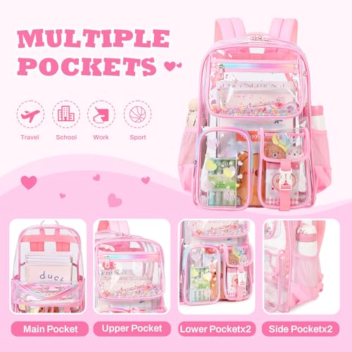 PIG PIG GIRL Clear Backpack for School,Heavy Duty PVC Transparent Bookbag for Girls Stadium Approved See Through Backpack - color: Pink Heart