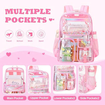 PIG PIG GIRL Clear Backpack for School,Heavy Duty PVC Transparent Bookbag for Girls Stadium Approved See Through Backpack - color: Pink Heart