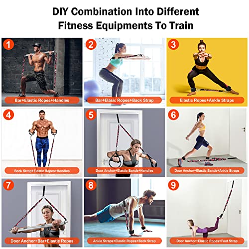 DASKING Portable Home Gym Resistance Band Set With8 Anti-Break Bands, Detachable 500LBS Pilates Bar, Full Body Workout Equipment w/Ankle Straps & Door Anchor - style: Silver