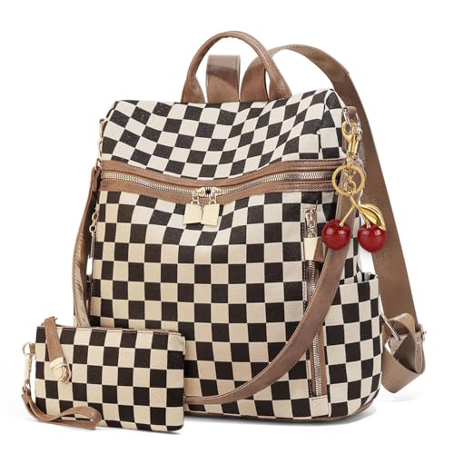 Checkered Backpack Purse - Checkered Bags for Women Plaid Backpack Handbags Back Pack Purse for Work (Brown) - color: B01-brown With Cherry
