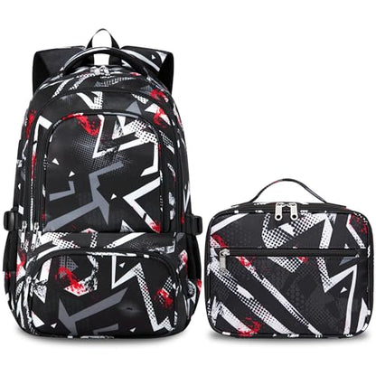 BLUEFAIRY Kids Backpack with Lunch Box for Girls Boys Elementary Primary Middle School Bag with Lunch Bag Set 17 Inch Bookbag Mochilas Escolares para Niñas Niños (Geometric, Black) - color: Black
