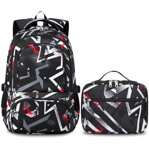 BLUEFAIRY Kids Backpack with Lunch Box for Girls Boys Elementary Primary Middle School Bag with Lunch Bag Set 17 Inch Bookbag Mochilas Escolares para Niñas Niños (Geometric, Black) - color: Black