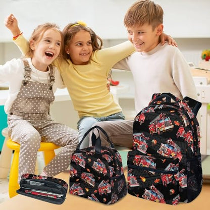 Toddler Boy Backpack Set - Fire Truck Backpacks for Kids - 3Pcs Toddler Bookbag with Lunch Bag and Pencil Pouch - Boys School Bag for Kindergarten/Preschool/Elementary (17 Inch) - color: Red