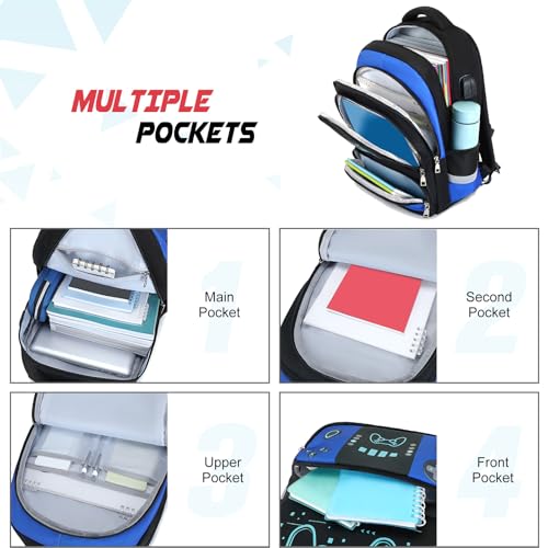 Bevalsa Backpack for Boys with 43OZ Bento Lunch Box,Insulated Lunch Bag & Pencial Case,Cool Luminous Gamer Schoolbag for Kids Teens Elementary Middle School,Bookbag Glow In The Dark - color: Blue Game, style: Modern