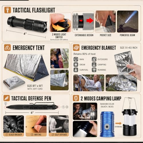 Survival Kit, 250Pcs Survival Gear First Aid Kit with Molle System Compatible Bag and Emergency Tent, Emergency Kit for Earthquake, Outdoor Adventure, Hiking, Hunting, Gifts for Men Women - color: C-Camo-Black&Grey