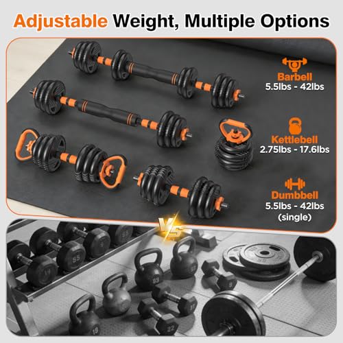 Adjustable Dumbbell Set, 33/44/66/88lbs Free Weights Set with Connector, 5 in 1 Weights Dumbbells Set Used as Barbell, Kettlebells, Push up Stand, Weight Plate, Exercise & Fitness Equipment for Home Gym Workout - color: 44LB (22LB-Pair)