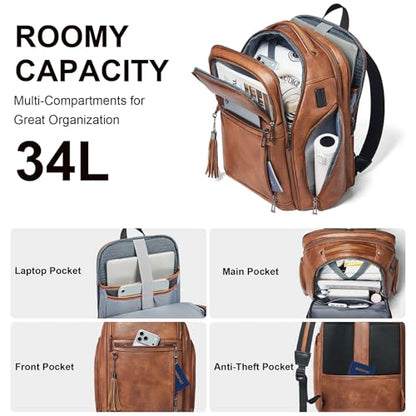 Shrrie 17 Inch Travel Laptop Backpack for Women&Men, Vegan Leather Backpack with USB Charger, Expandable Large Capacity Computer Backpack Purse for Work Business Travel, Brown - color: Two-toned Brown