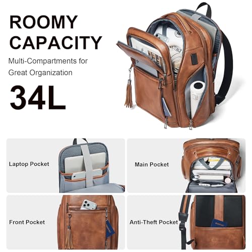 Shrrie 17 Inch Travel Laptop Backpack for Women&Men, Vegan Leather Backpack with USB Charger, Expandable Large Capacity Computer Backpack Purse for Work Business Travel, Brown - color: Two-toned Brown