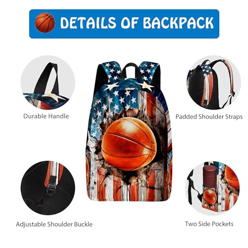 3PCS Backpack for Girls Boys,Teens Flag Basketball Back to School Backpack with Lunch Box Pencil Case, 17 Inch Lightweight Students Backpack 3 in 1 Set for Elementary Middle High School - color: American Flag Basketball
