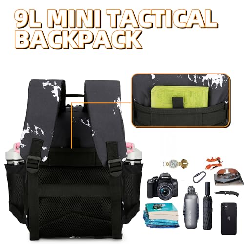 9L Mini Tactical Backpack for Men and Women Tactical Backpack Small for Hiking Small Tactical Bag Fitness Pack - color: Black & White Dots
