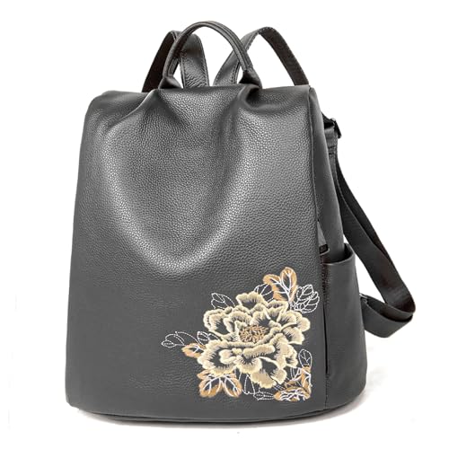 BOYATU Genuine Leather Backpack for Women: Elegant Floral Designer Purse - Small Shoulder Bag for Travel (Grey) - color: Z-grey