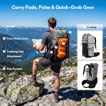Haimont 40L+15L Roll-Top Backpacking Pack with Rain Cover, Grey | Expandable 55L, Hip Belt Support, Sleeping Pad Carry, Pole Attachments, YKK & Duraflex - color: Grey