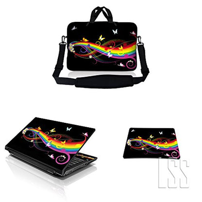 LSS 15-15.6" Laptop Sleeve Bag with Matching Laptop Skin Sticker & Mouse Pad Combo | Carrying Case for 14" 15" 15.6" - Rainbaow Butterfly - color: Rainbow Butterfly, size: 15 inch