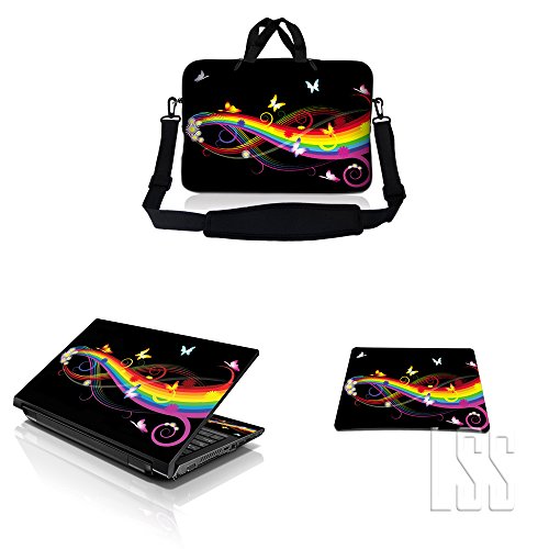 LSS 15-15.6" Laptop Sleeve Bag with Matching Laptop Skin Sticker & Mouse Pad Combo | Carrying Case for 14" 15" 15.6" - Rainbaow Butterfly - color: Rainbow Butterfly, size: 15 inch