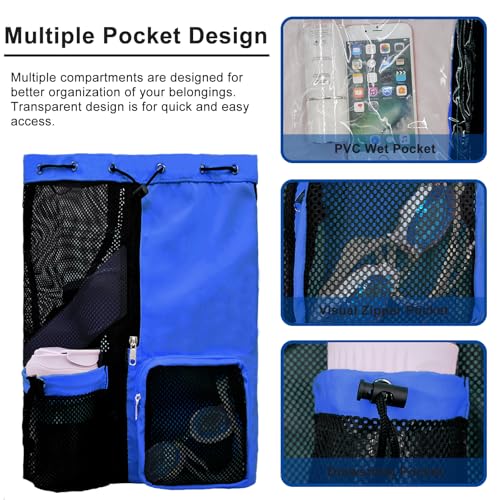 Mesh Beach Backpack with Wet Pocket Drawstring Pool Bag Waterproof Swimming Bag Gym Backpack for Men & Women - color: Royal Blue
