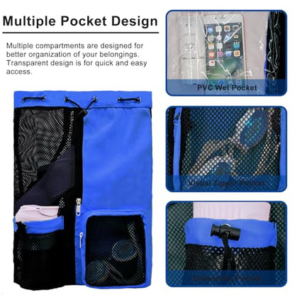 Mesh Beach Backpack with Wet Pocket Drawstring Pool Bag Waterproof Swimming Bag Gym Backpack for Men & Women - color: Royal Blue