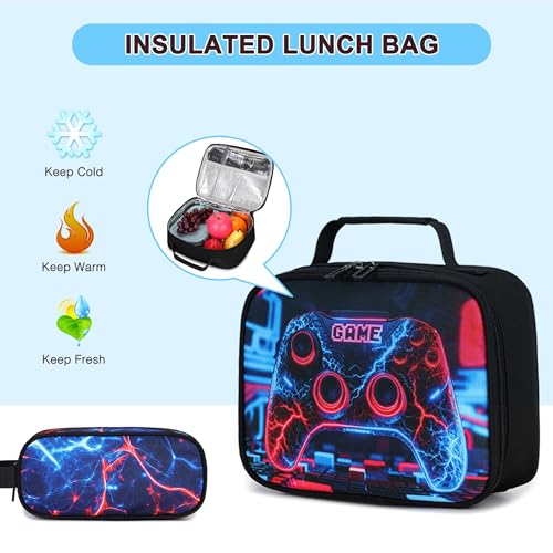 3PCS School Backpack for Boys, Cool Gamer Boys Backpack with Lunch Box and Pencil Case for Kids Kindergarten Teens Elementary Middle School Bag with Convenient Charging Port,Gaming Bookbag Waterproof - color: Futuristic Red & Blue Lightning