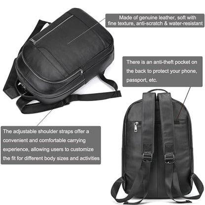 LUUFAN Genuine Leather Backpack for Men, Casual Shoulder Bag Multi Pockets Daypack 15.6 Inch Laptop Bag for Travel Business Outdoor - color: 8016-black
