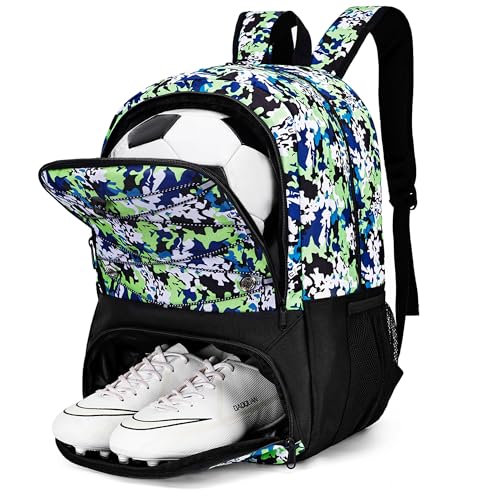 Hsmihair Youth Soccer Bag-Soccer Backpack&Backpack for Football Basketball,with Ball Compartment Separate Cleat Package - color: GreenCamo
