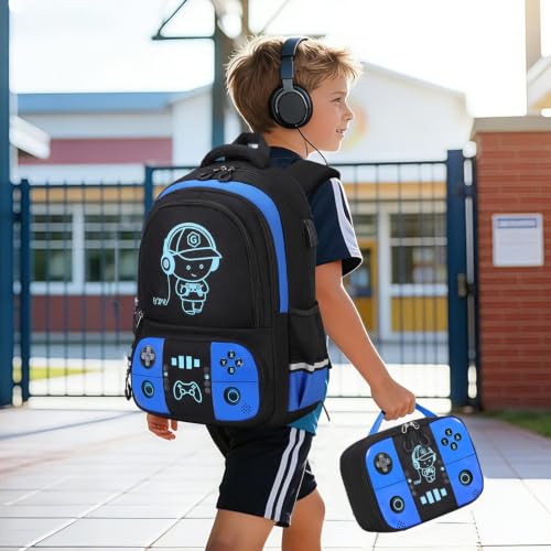Bevalsa Backpack for School Boys, Cool Luminous Gamer Boys Schoolbag with Lunch Box & Pencil Case Set for Kids Teens Elementary Middle School, Bookbag Glow In The Dark(Blue Backpack) - color: Blue, style: Backpack