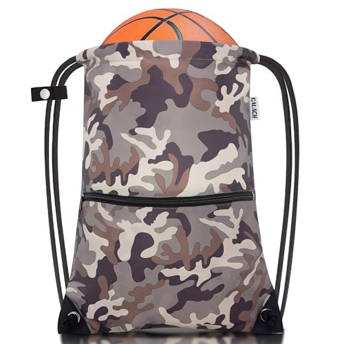 draw string back bag, Large Gym Sports string backpack for men and women with front zipper pocket and inside zipper pocket to keep key or phone (brown camo) - color: Brown Camo, style: Drawstring With Front Pocket