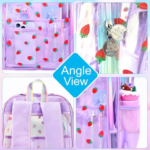 gxtvo 3PCS Clear School Backpack Heavy-Duty Set for Women & Teen Girls, 17" Purple Transparent Bag with Rainbow Strap, Cute Strawberry See Through Bookbag - color: Purple Strawberry Clear Backpack Set