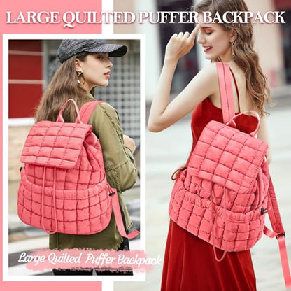 Quilted Puffer Backpack for Women Lightweight Soft Puffy Backpack Purse Casual Daily Drawstring Flap Daypack (Watermelon Red) - color: Watermelon Red