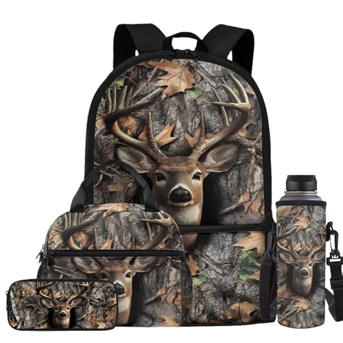 Deer Camo Backpack for Boys Backpacks with Lunch Box Water Bottle Holder Zipper Pencil Case 4PCS Set 6th Grade Backpack for Girls Kids Bookbag for Kindergarten Primary School Bags - color: Deer Camo