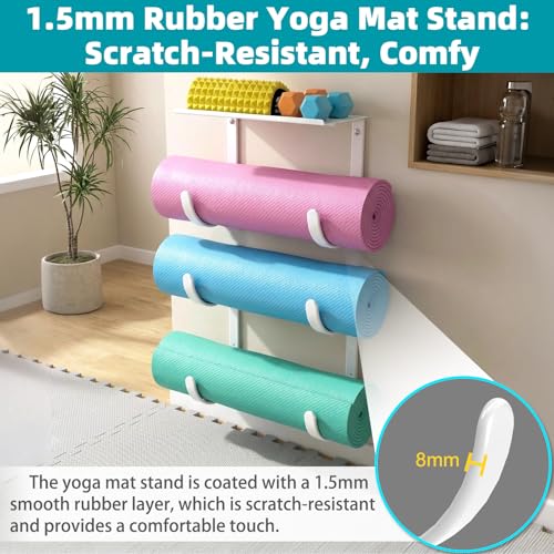 Yoga Mat Holder Wall Mount, No-Tie Pilates Mat Storage Rack with Top Floating Shelf, 4-Tiers Holding Yoga Blocks/Rollers and Exercise Mat, Workout Mat, Home Gym Equipment Accessories - color: 4-Tiers（with Floating Shelf）