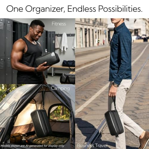 T-carbon Carbon Fiber Hard Shell Toiletry Bag for Men, Waterproof Hanging Dopp Kit with Dual Pockets, Lightweight Travel Shaving Grooming Organizer for Business Trips, Black