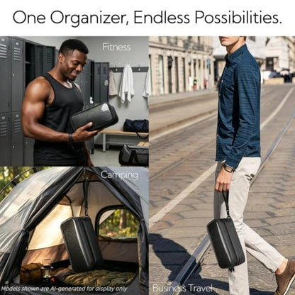 T-carbon Carbon Fiber Hard Shell Toiletry Bag for Men, Waterproof Hanging Dopp Kit with Dual Pockets, Lightweight Travel Shaving Grooming Organizer for Business Trips, Black