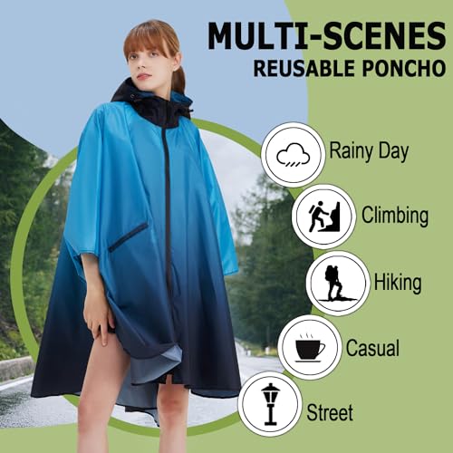 Fashion Hooded Rain Poncho Waterproof Raincoat Jacket with pocket for Women/Men/Adult - color: Gradient Blue