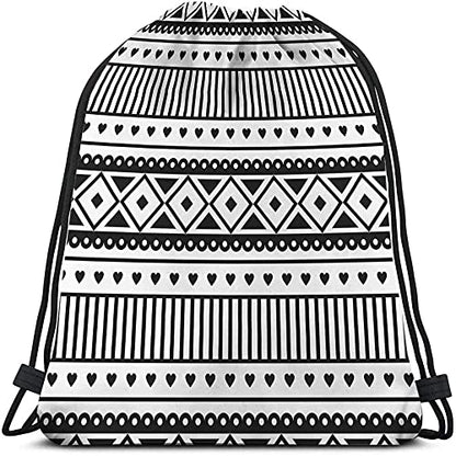 Ethnic Pattern Drawstring Bags Backpack Bag Black And White Southwest American Aztec Heart Sport Gym Sack Drawstring Bag String Bag Yoga Bag for Men Women - color: Multi-a83