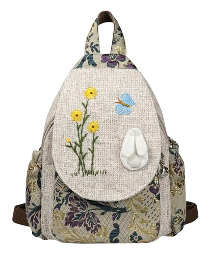 Small Canvas Backpack, Retro Boho Washed Hippie for Women Daily Commute (Rabbit Decorations) - color: Rabbit2