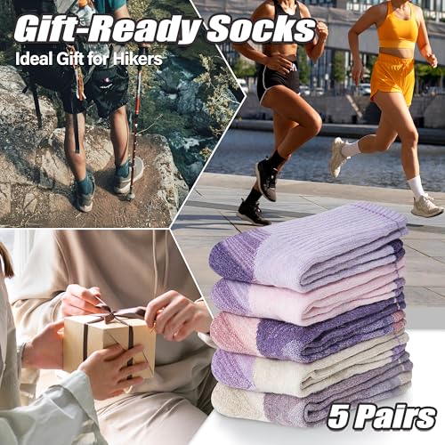 ANTSANG Merino Wool Hiking Socks, Enhanced Breathability, Targeted Cushion Thermal Socks for Men and Women, 5 Pairs - color: Pink/Purple, size: Large