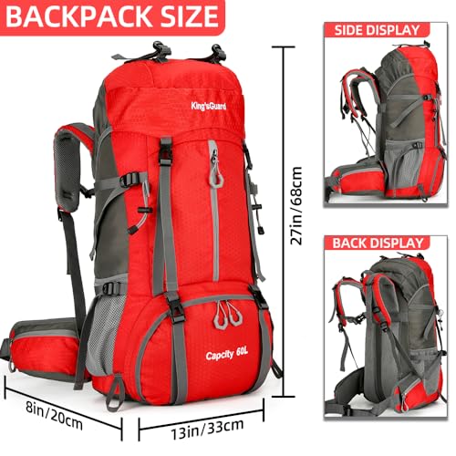 King'sGuard 60L waterproof lightweight hiking backpack with rain cover and shoe compartment outdoor sports travel backpack (Red) - color: Red