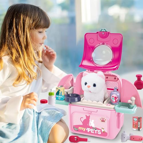 Pet Cat Carrier Backpack Toy, MAGIC4U 23PCS Pet Care Play Set,Vet Clinic and Doctor Kit for Kids, Veterinarian Pretend Play Set for Girls Ages 3-6 Pink - style: Pink