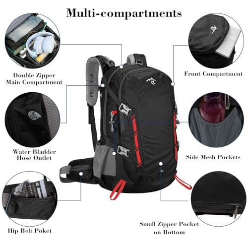 Long Keeper 40L Hiking Backpack Camping Daypack with Waterproof Rain Cover Lightweight Outdoor Sport Travel Backpack Rucksack (Black) - color: Black