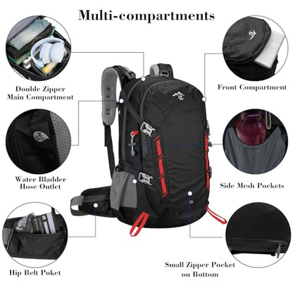 Long Keeper 40L Hiking Backpack Camping Daypack with Waterproof Rain Cover Lightweight Outdoor Sport Travel Backpack Rucksack (Black) - color: Black