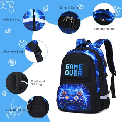 3PCS School Backpack for Boys, Cool Gamer Boys Backpack with Lunch Box and Pencil Case for Kids Kindergarten Teens Elementary Middle School Bag with Convenient Charging Port,Gaming Bookbag Waterproof - color: Blue Lightning