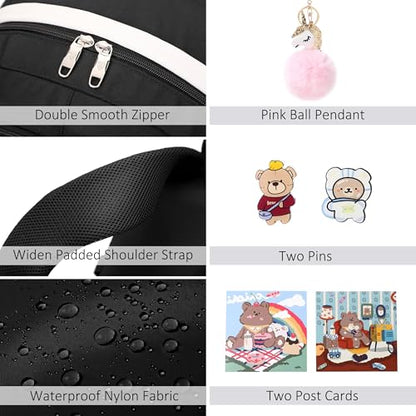 Backpack for Girls with Accessories Laptop Bookbags 16 Inch Kawaii Kids Elementary Middle High School Bag College Travel Daypack Gifts for Teens Women Students (Black) - color: Black