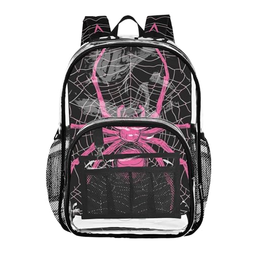 Pink Spider and Spider Web on Black Clear Backpack PVC Transparent Backpack Lightweight Book Bags Capacity Clear Bag for Boys Girls - color: Charcoal Grey