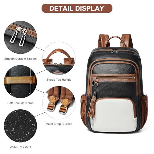 Shrrie 17 Inch Faux Leather Laptop Backpack for Women with Large Cup Holder - color: Black and Beige With Caramel Brown