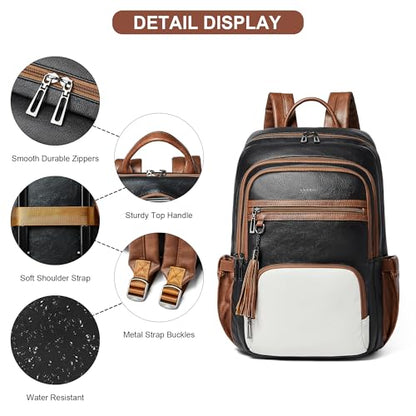 Shrrie 17 Inch Faux Leather Laptop Backpack for Women with Large Cup Holder - color: Black and Beige With Caramel Brown